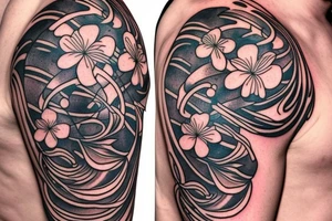 Shoulder sleeve for a guy. 3/4 length. Sun with light rays, waves, flowers, hula girl tattoo idea