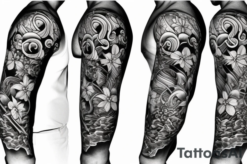 Shoulder sleeve for a guy. 3/4 length. Sun with light rays, waves, flowers, hula girl tattoo idea