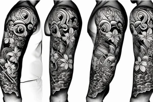 Shoulder sleeve for a guy. 3/4 length. Sun with light rays, waves, flowers, hula girl tattoo idea