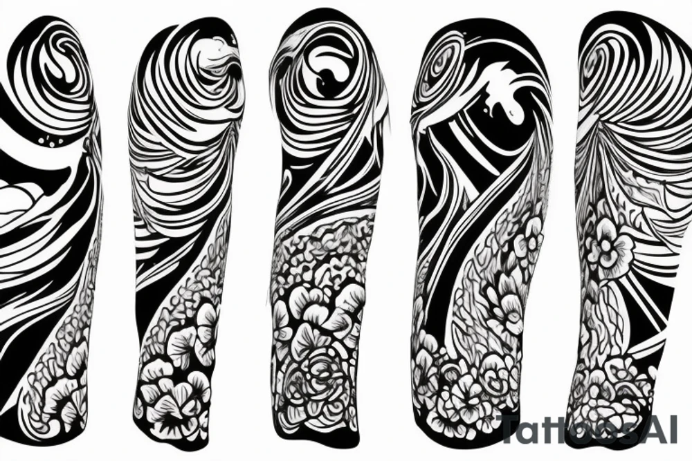 Shoulder sleeve for a guy. 3/4 length. Sun with light rays, waves, flowers, hula girl tattoo idea