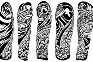 Shoulder sleeve for a guy. 3/4 length. Sun with light rays, waves, flowers, hula girl tattoo idea