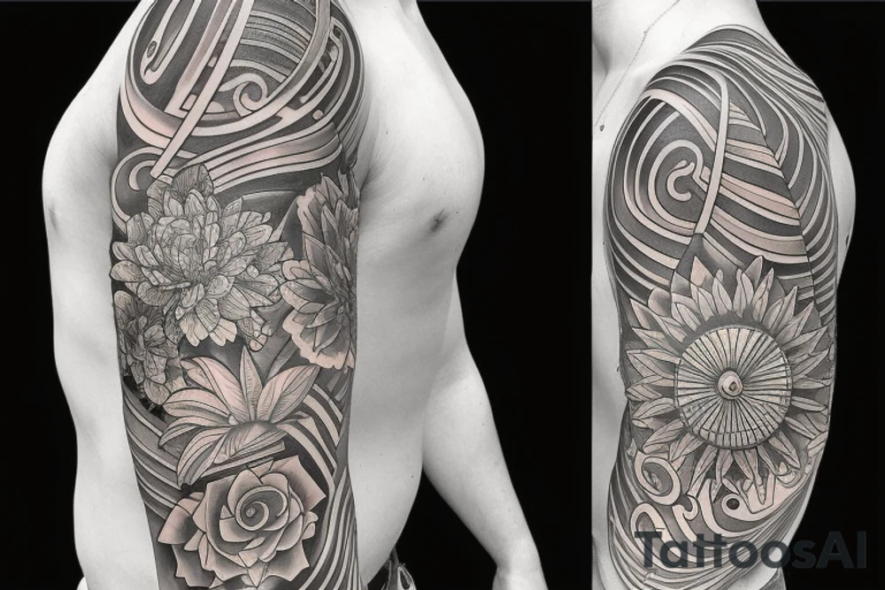 Shoulder sleeve for a guy. 3/4 length. Sun with light rays, waves, flowers, hula girl tattoo idea
