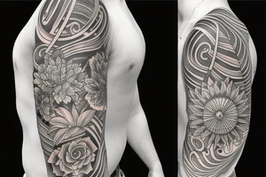 Shoulder sleeve for a guy. 3/4 length. Sun with light rays, waves, flowers, hula girl tattoo idea
