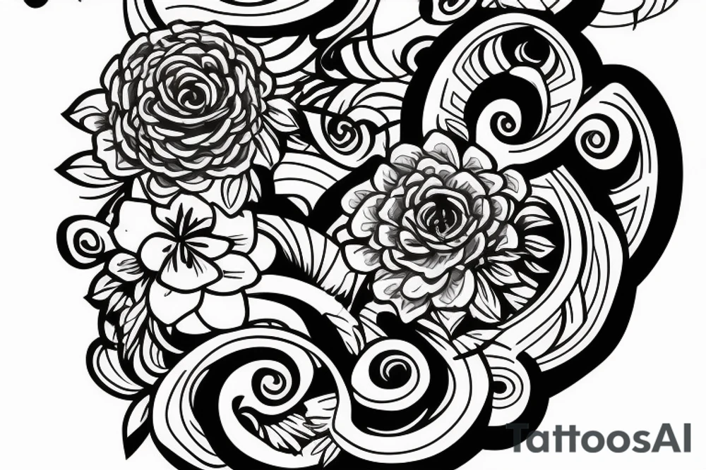 Shoulder sleeve for a guy. 3/4 length. Sun with light rays, waves, flowers, hula girl tattoo idea