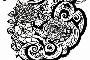 Shoulder sleeve for a guy. 3/4 length. Sun with light rays, waves, flowers, hula girl tattoo idea