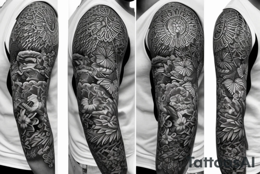 Shoulder sleeve for a guy. 3/4 length. Sun with light rays, waves, flowers, hula girl tattoo idea