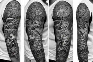 Shoulder sleeve for a guy. 3/4 length. Sun with light rays, waves, flowers, hula girl tattoo idea