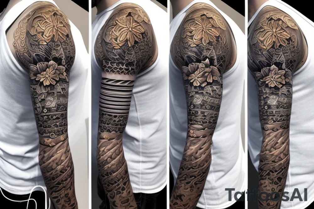 Shoulder sleeve for a guy. 3/4 length. Sun with light rays, waves, flowers, hula girl tattoo idea