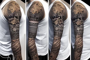 Shoulder sleeve for a guy. 3/4 length. Sun with light rays, waves, flowers, hula girl tattoo idea