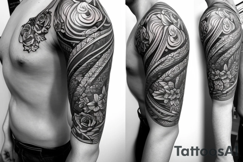 Shoulder sleeve for a guy. 3/4 length. Sun with light rays, waves, flowers, hula girl tattoo idea