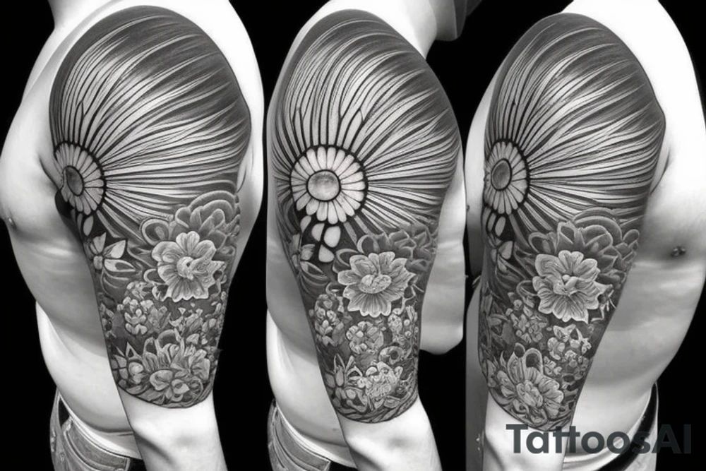 Shoulder sleeve for a guy. 3/4 length. Sun with light rays, waves, flowers, hula girl tattoo idea