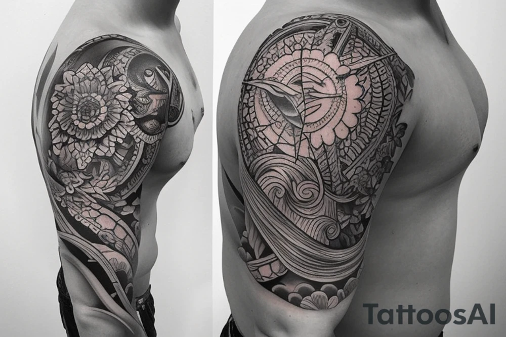 Shoulder sleeve for a guy. 3/4 length. Sun with light rays, waves, flowers, hula girl tattoo idea