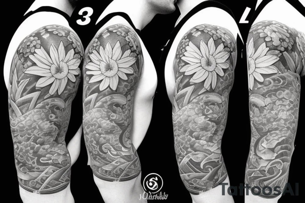 Shoulder sleeve for a guy. 3/4 length. Sun with light rays, waves, flowers, hula girl tattoo idea