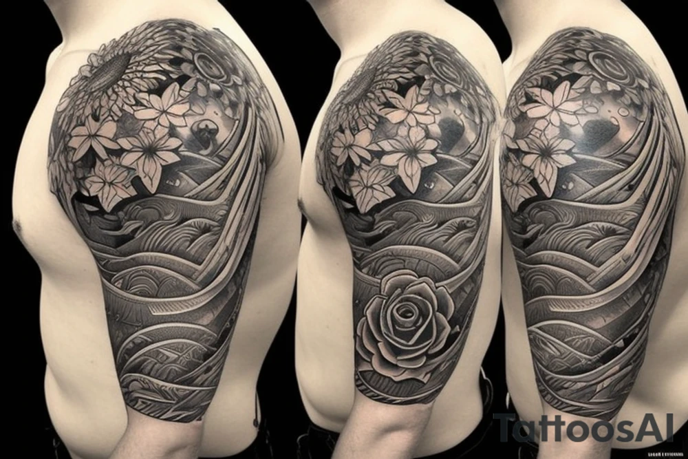 Shoulder sleeve for a guy. 3/4 length. Sun with light rays, waves, flowers, hula girl tattoo idea
