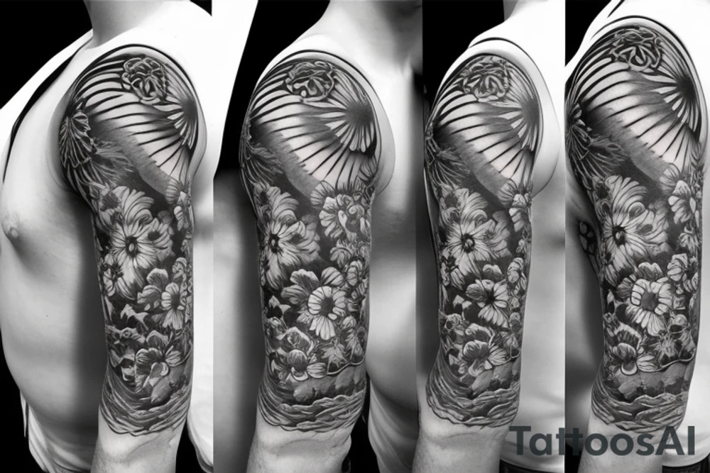 Shoulder sleeve for a guy. 3/4 length. Sun with light rays, waves, flowers, hula girl tattoo idea