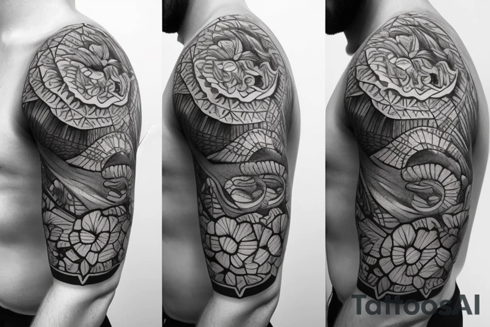Shoulder sleeve for a guy. 3/4 length. Sun with light rays, waves, flowers, hula girl tattoo idea