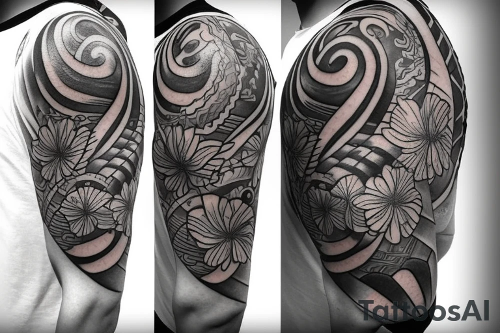 Shoulder sleeve for a guy. 3/4 length. Sun with light rays, waves, flowers, hula girl tattoo idea
