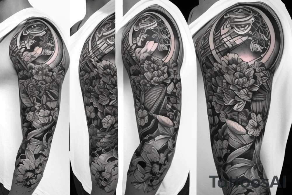 Shoulder sleeve for a guy. 3/4 length. Sun with light rays, waves, flowers, hula girl tattoo idea