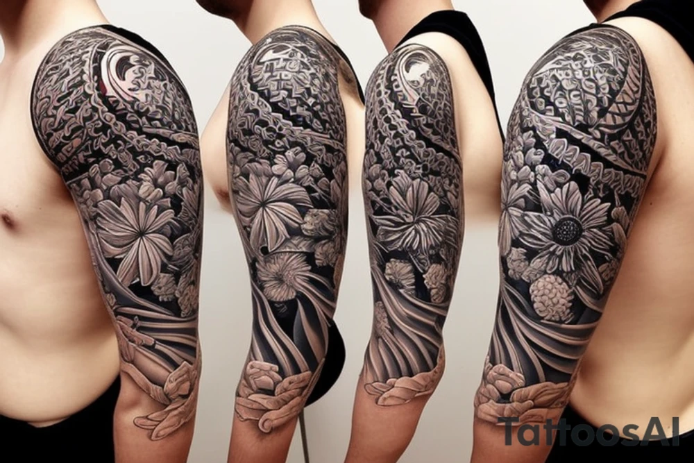Shoulder sleeve for a guy. 3/4 length. Sun with light rays, waves, flowers, hula girl tattoo idea