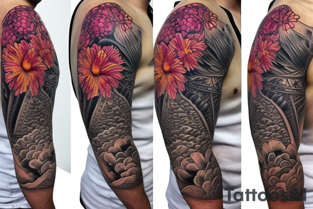 Shoulder sleeve for a guy. 3/4 length. Sun with light rays, waves, flowers, hula girl tattoo idea
