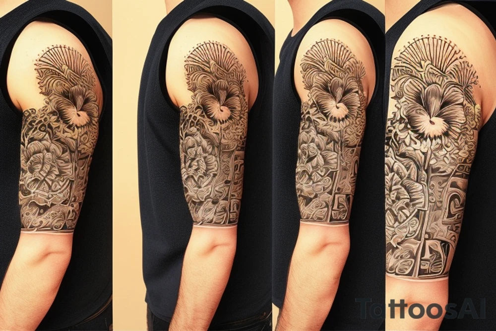 Shoulder sleeve for a guy. 3/4 length. Sun with light rays, waves, flowers, hula girl tattoo idea