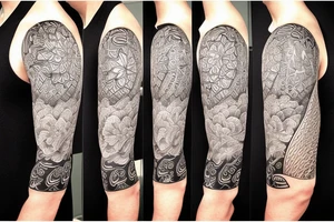 Shoulder sleeve for a guy. 3/4 length. Sun with light rays, waves, flowers, hula girl tattoo idea
