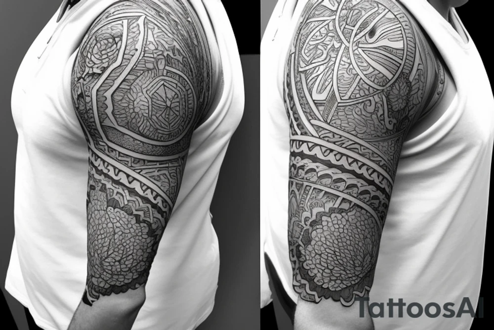 Shoulder sleeve for a guy. 3/4 length. Sun with light rays, waves, flowers tattoo idea