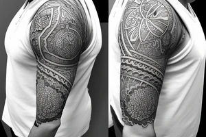 Shoulder sleeve for a guy. 3/4 length. Sun with light rays, waves, flowers tattoo idea