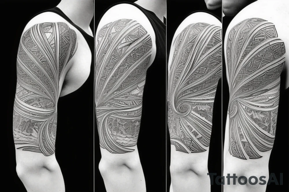Shoulder sleeve for a guy. 3/4 length. Sun with light rays, waves, flowers tattoo idea Shoulder sleeve for a guy. 3/4 length. Sun with light rays, waves, flowers tattoo idea