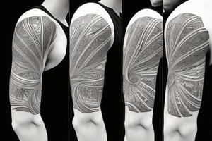 Shoulder sleeve for a guy. 3/4 length. Sun with light rays, waves, flowers tattoo idea