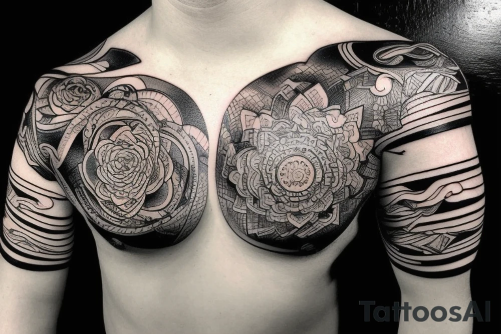 Shoulder sleeve for a guy. 3/4 length. Sun with light rays, waves, flowers tattoo idea