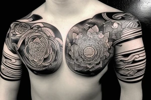 Shoulder sleeve for a guy. 3/4 length. Sun with light rays, waves, flowers tattoo idea