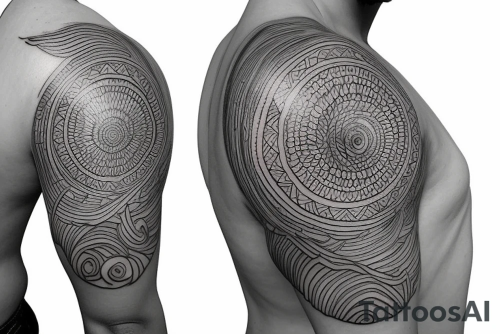 Shoulder sleeve for a guy. 3/4 length. Sun with light rays, waves, flowers tattoo idea