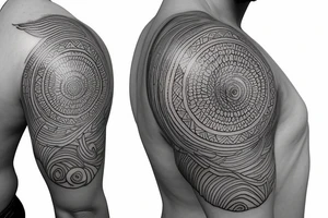 Shoulder sleeve for a guy. 3/4 length. Sun with light rays, waves, flowers tattoo idea