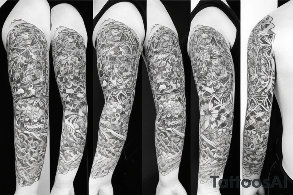 Shoulder sleeve for a guy. 3/4 length. Sun with light rays, waves, flowers tattoo idea Shoulder sleeve for a guy. 3/4 length. Sun with light rays, waves, flowers tattoo idea