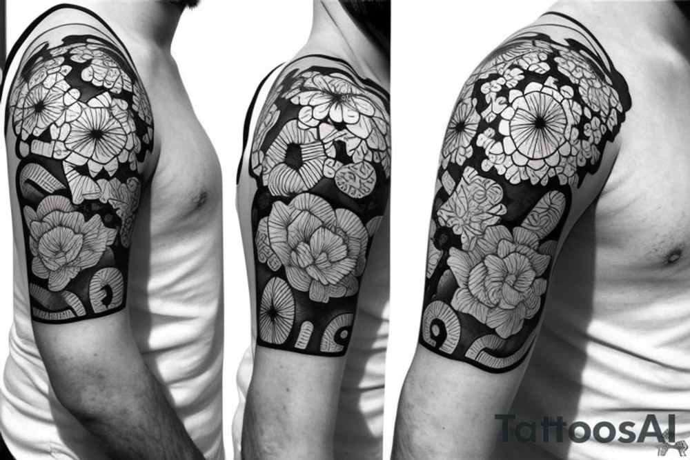 Shoulder sleeve for a guy. 3/4 length. Sun with light rays, waves, flowers tattoo idea Shoulder sleeve for a guy. 3/4 length. Sun with light rays, waves, flowers tattoo idea