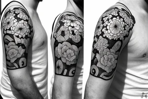 Shoulder sleeve for a guy. 3/4 length. Sun with light rays, waves, flowers tattoo idea