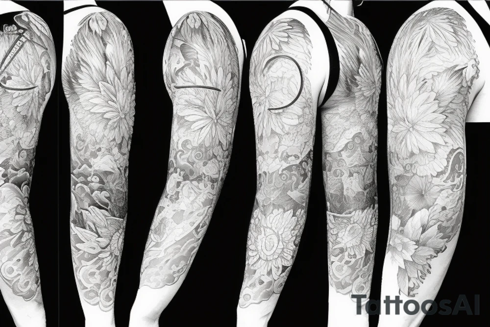 Shoulder sleeve for a guy. 3/4 length. Sun with light rays, waves, flowers tattoo idea