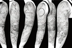 Shoulder sleeve for a guy. 3/4 length. Sun with light rays, waves, flowers tattoo idea