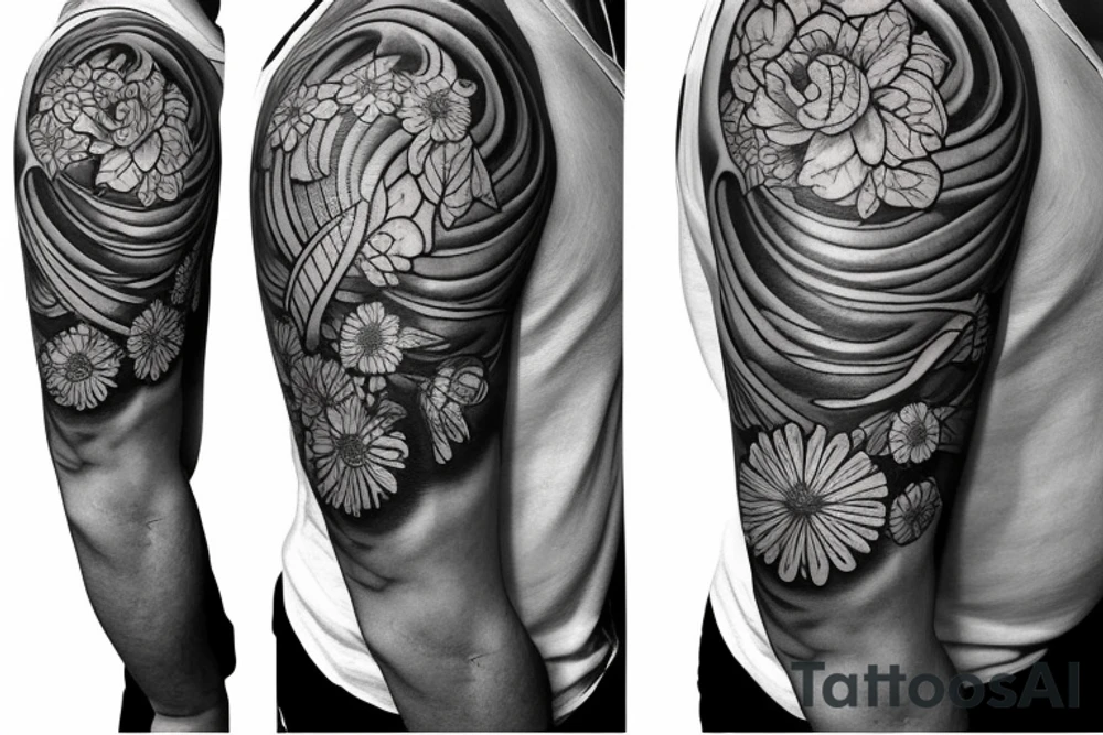 Shoulder sleeve for a guy. 3/4 length. Sun with light rays, waves, flowers tattoo idea