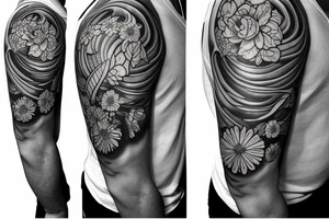 Shoulder sleeve for a guy. 3/4 length. Sun with light rays, waves, flowers tattoo idea