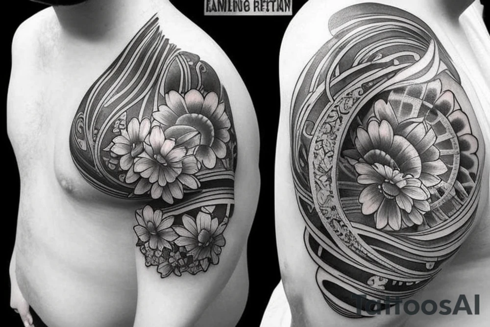 Shoulder sleeve for a guy. 3/4 length. Sun with light rays, waves, flowers tattoo idea Shoulder sleeve for a guy. 3/4 length. Sun with light rays, waves, flowers tattoo idea