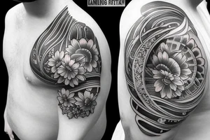 Shoulder sleeve for a guy. 3/4 length. Sun with light rays, waves, flowers tattoo idea