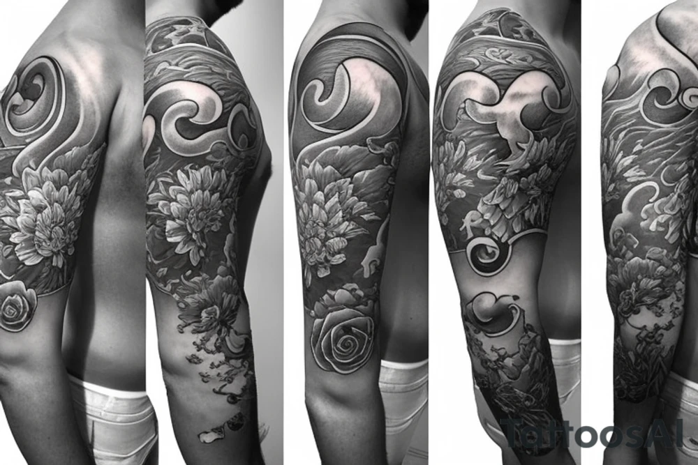 Shoulder sleeve for a guy. 3/4 length. Sun with light rays, waves, flowers tattoo idea
