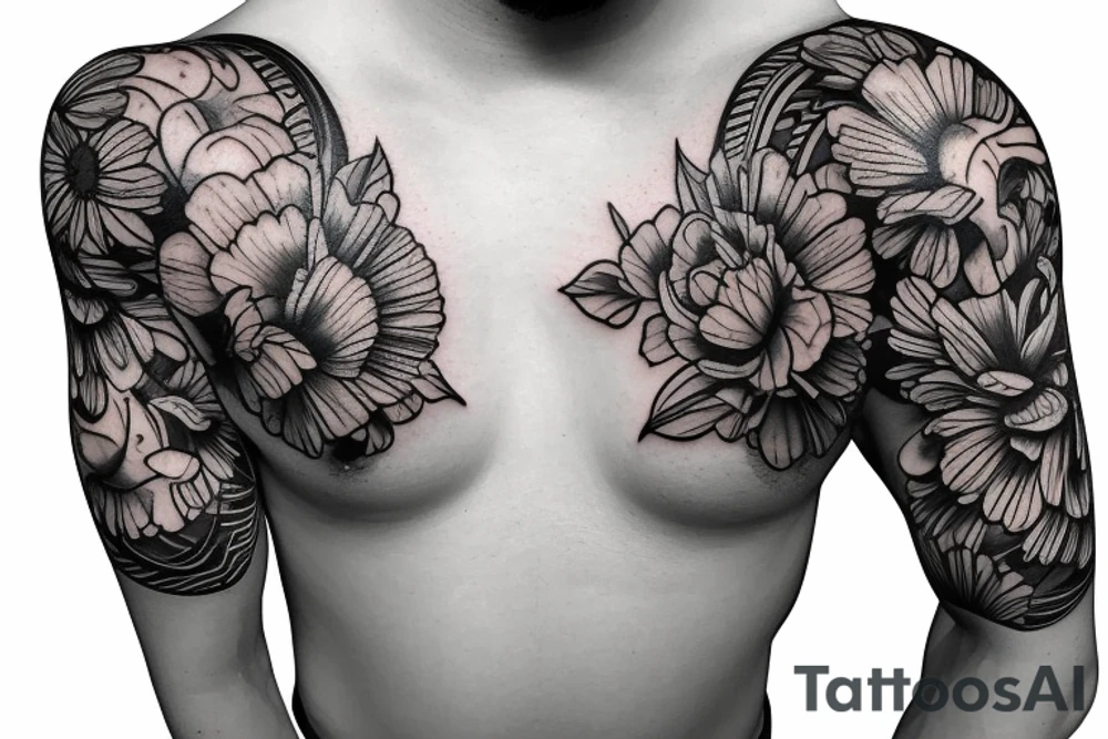 Shoulder sleeve for a guy. 3/4 length. Sun with light rays, waves, flowers tattoo idea Shoulder sleeve for a guy. 3/4 length. Sun with light rays, waves, flowers tattoo idea