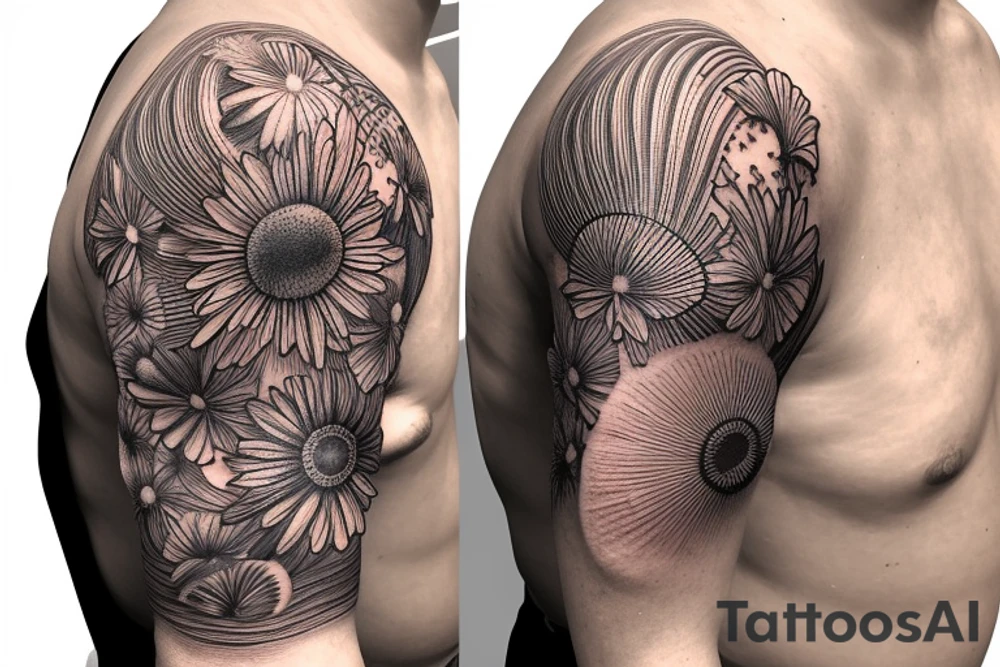 Shoulder sleeve for a guy. 3/4 length. Sun with light rays, waves, flowers tattoo idea Shoulder sleeve for a guy. 3/4 length. Sun with light rays, waves, flowers tattoo idea