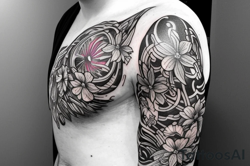 Shoulder sleeve for a guy. 3/4 length. Sun with light rays, waves, flowers tattoo idea