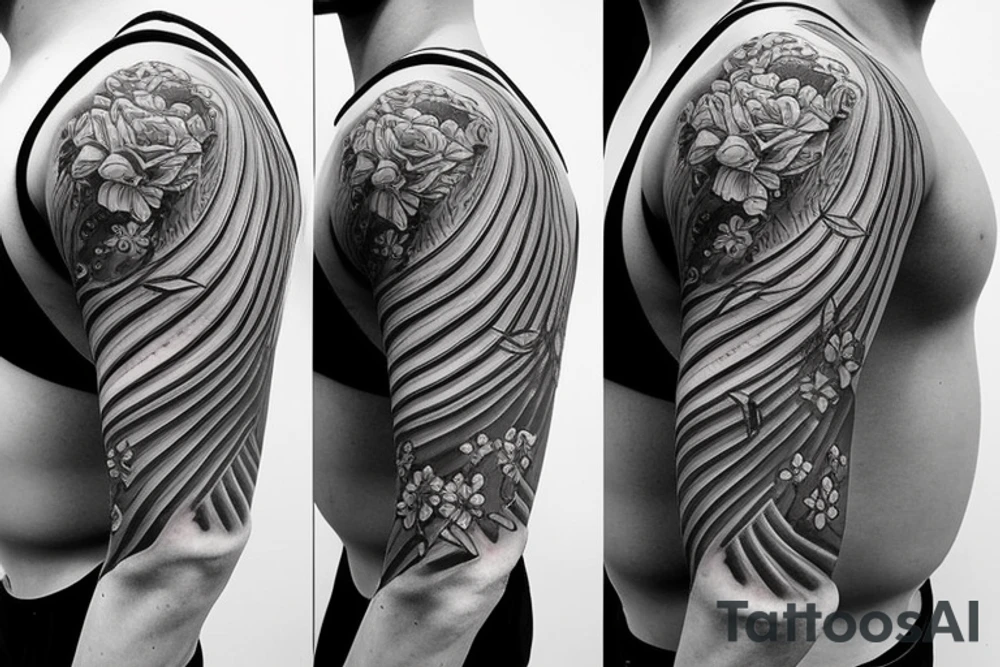 Shoulder sleeve for a guy. 3/4 length. Sun with light rays, waves, flowers tattoo idea Shoulder sleeve for a guy. 3/4 length. Sun with light rays, waves, flowers tattoo idea