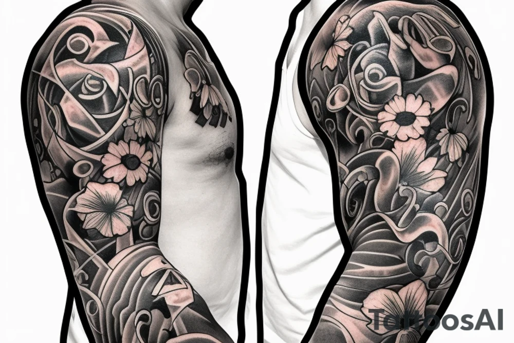Shoulder sleeve for a guy. 3/4 length. Sun with light rays, waves, flowers tattoo idea