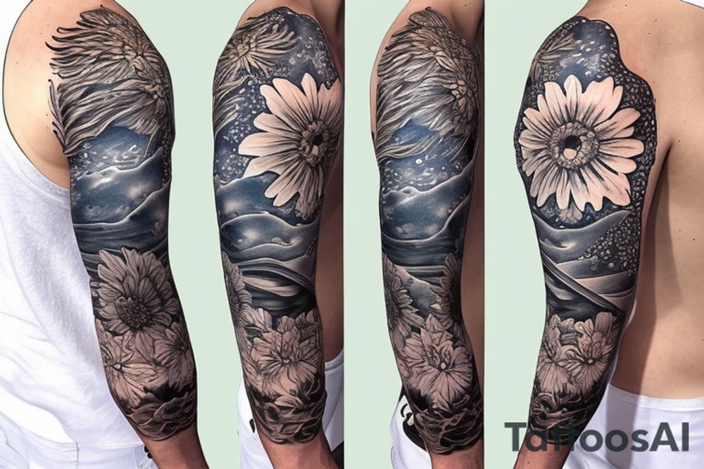 Shoulder sleeve for a guy. 3/4 length. Sun with light rays, waves, flowers tattoo idea Shoulder sleeve for a guy. 3/4 length. Sun with light rays, waves, flowers tattoo idea
